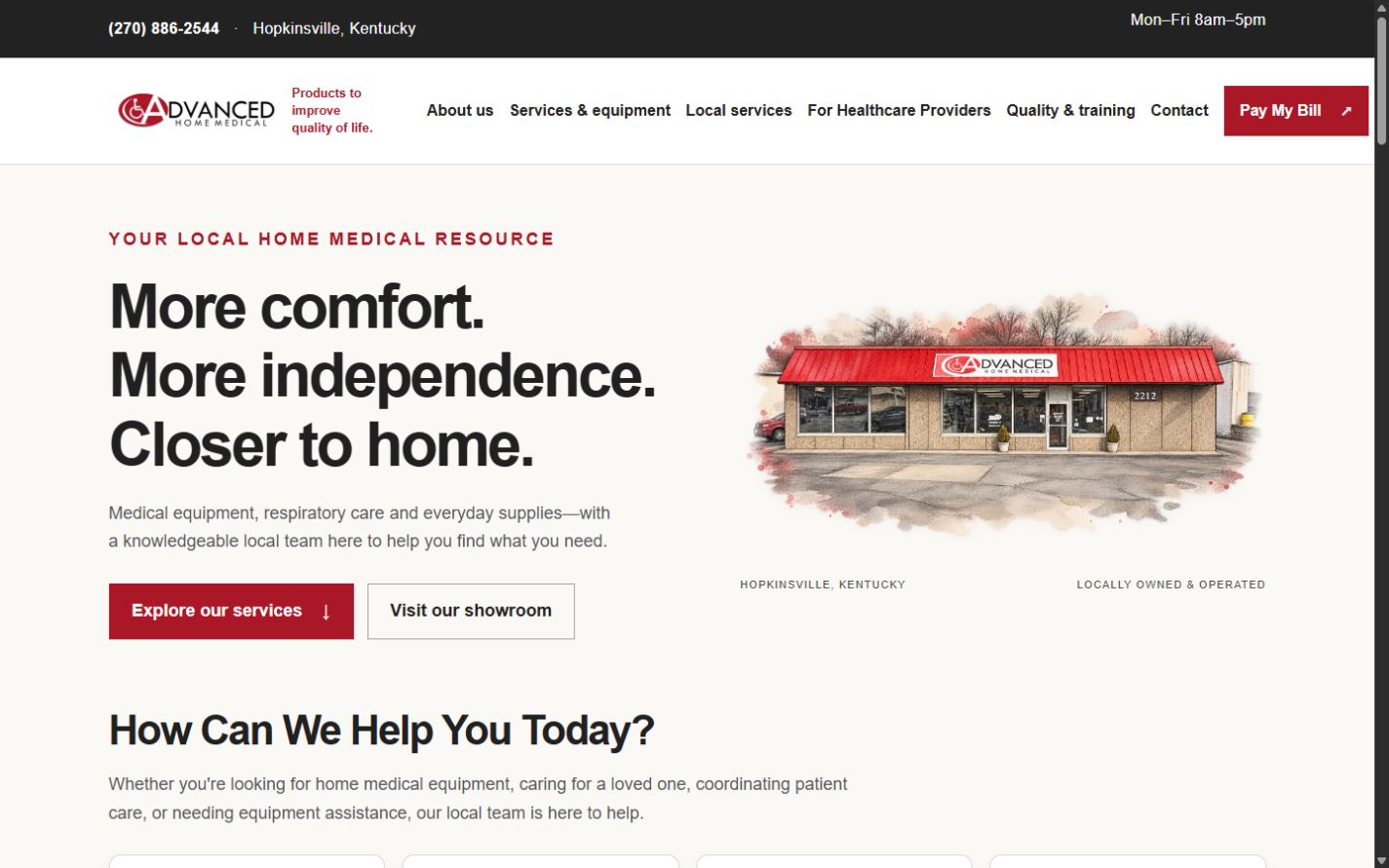 Advanced Home Medical public homepage showing medical equipment service information and navigation.